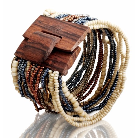 Bracelet avec fermoir bois XL crème marron bleu