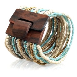 Bracelet avec fermoir bois XL bleu turquoise crème doré