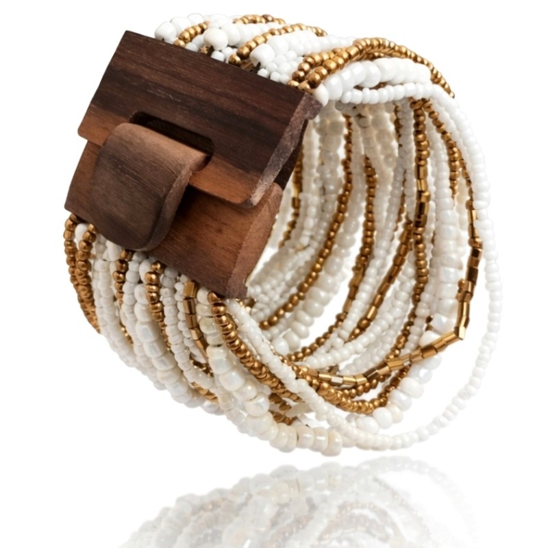 Bracelet avec fermoir bois XL blanc doré