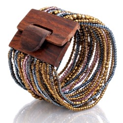 Bracelet avec fermoir bois XL violet bleu doré multiperles