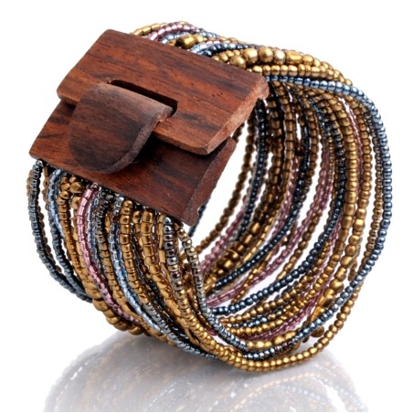 Bracelet avec fermoir bois XL violet bleu doré multiperles