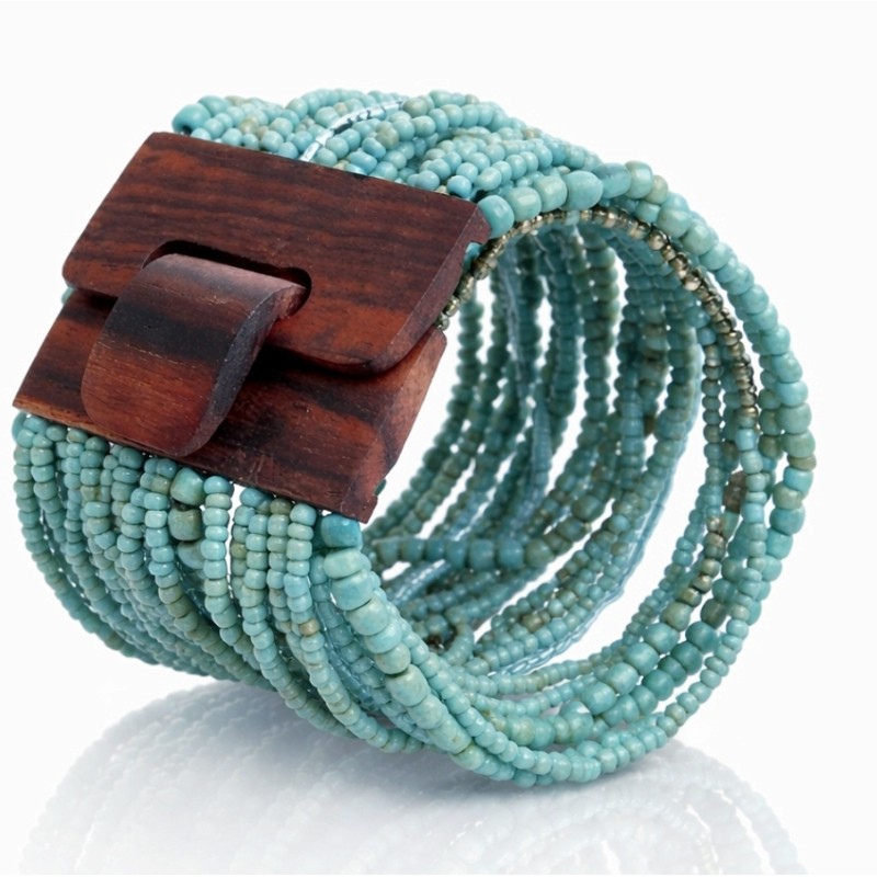 Bracelet avec fermoir bois XL bleu turquoise multiperles