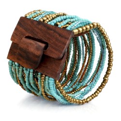 Bracelet avec fermoir bois XL bleu turquoise doré multiperles