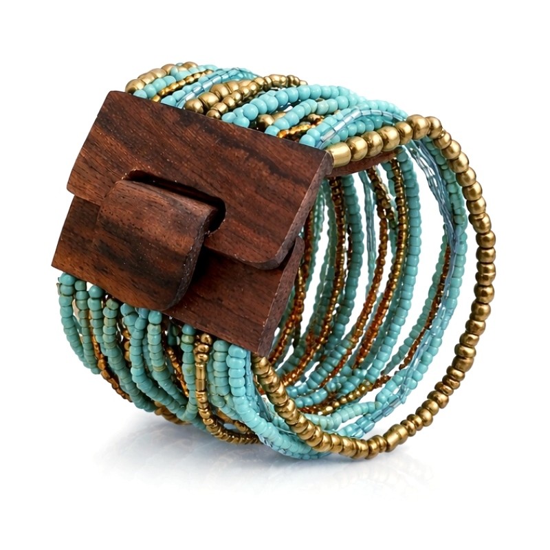 Bracelet avec fermoir bois XL bleu turquoise doré multiperles