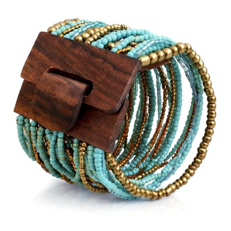Bracelet avec fermoir bois XL bleu turquoise doré multiperles