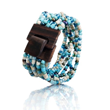 Bracelet femme fermoir en bois bleu blanc