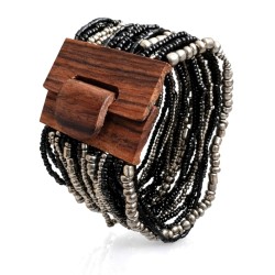 Bracelet avec fermoir bois XL noir argenté multiperles