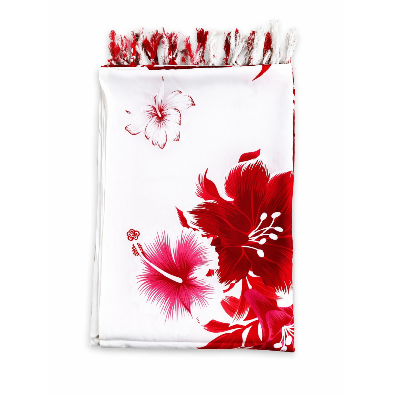 Paréo blanc fleurs hibiscus – Paréo femme plage élégant et fluide