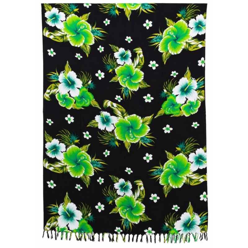 Paréo noir hibiscus vert – Paréo femme plage élégant et fluide