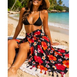 Paréo noir hibiscus rouge orange – Paréo femme plage fluide