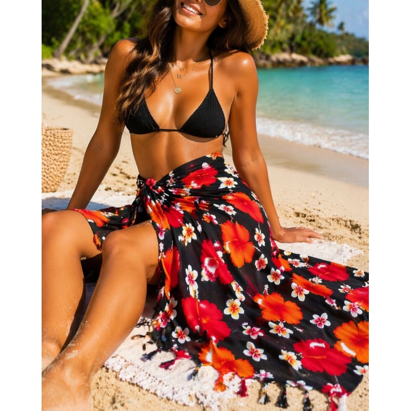 Paréo noir hibiscus rouge orange – Paréo femme plage fluide