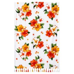 Paréo blanc fleurs hibiscus – Paréo femme plage léger et élégant