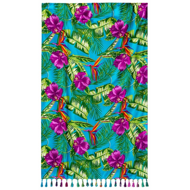 Paréo turquoise fleurs tropicales – Paréo femme plage fluide