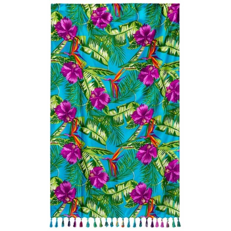 Paréo turquoise fleurs tropicales – Paréo femme plage fluide