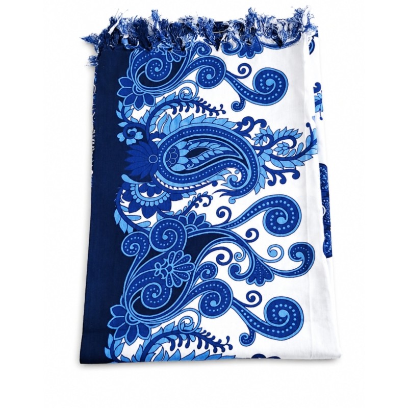Paréo bleu blanc arabesques – Paréo élégant femme été