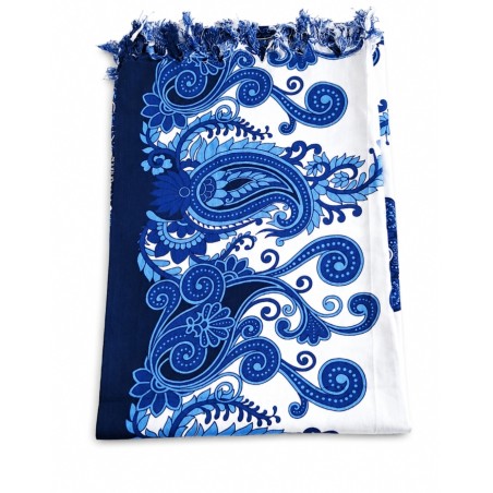 Paréo bleu blanc arabesques – Paréo élégant femme été