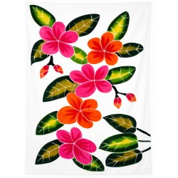 Paréo blanc fleurs de frangipanier rose orange 1