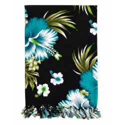 Paréo noir fleurs hibiscus vert turquoise – Paréo femme plage élégant et fluide