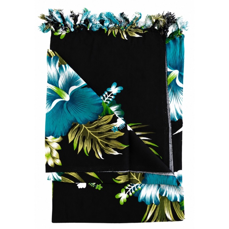 Paréo noir fleurs hibiscus vert turquoise – Paréo femme plage élégant et fluide 2