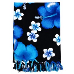 Paréo noir fleurs hibiscus bleu – Paréo femme plage élégant et fluide