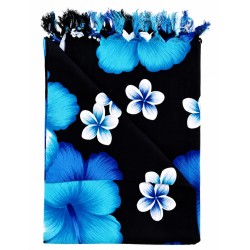 Paréo noir fleurs hibiscus bleu 2 – Paréo femme plage élégant et fluide