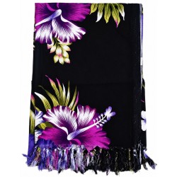 Paréo noir hibiscus violet – Paréo femme plage élégant et fluide