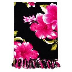 Paréo noir fleurs hibiscus rose 2 – Paréo femme plage élégant et fluide