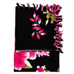 Paréo noir fleurs hibiscus rose 1 – Paréo femme plage élégant et fluide