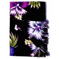 Paréo noir fleurs hibiscus rose 3 – Paréo femme plage élégant et fluide