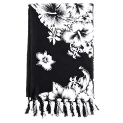 Paréo noir fleurs hibiscus blanc 1 – Paréo femme plage élégant et fluide