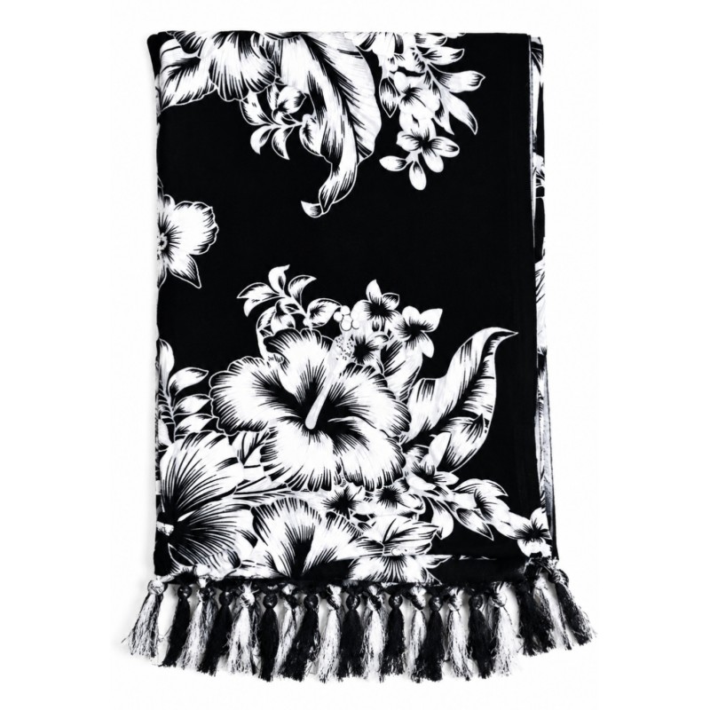 Paréo noir fleurs hibiscus blanc – Paréo femme plage élégant et fluide
