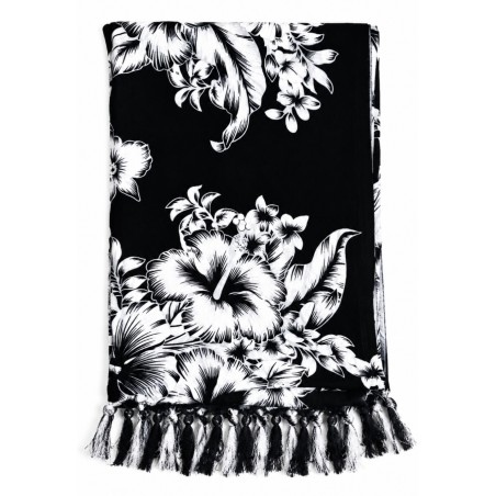 Paréo noir fleurs hibiscus blanc – Paréo femme plage élégant et fluide