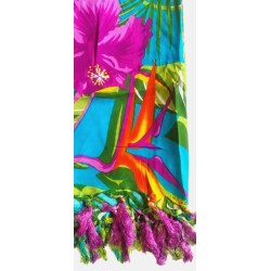 Paréo femme bleu turquoise hibiscus détails franges