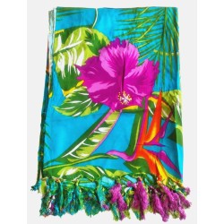 Paréo femme bleu turquoise hibiscus