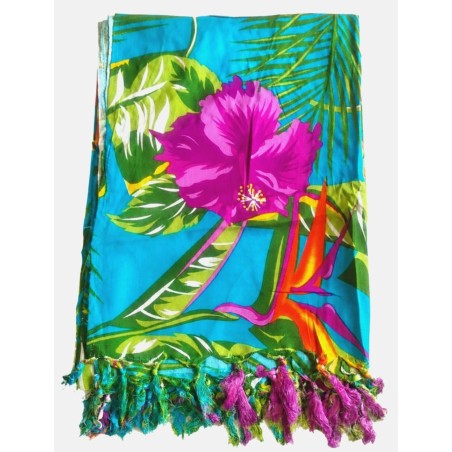 Paréo femme bleu turquoise hibiscus