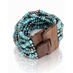 Bracelet avec fermoir bois XL bleu turquoise et argenté