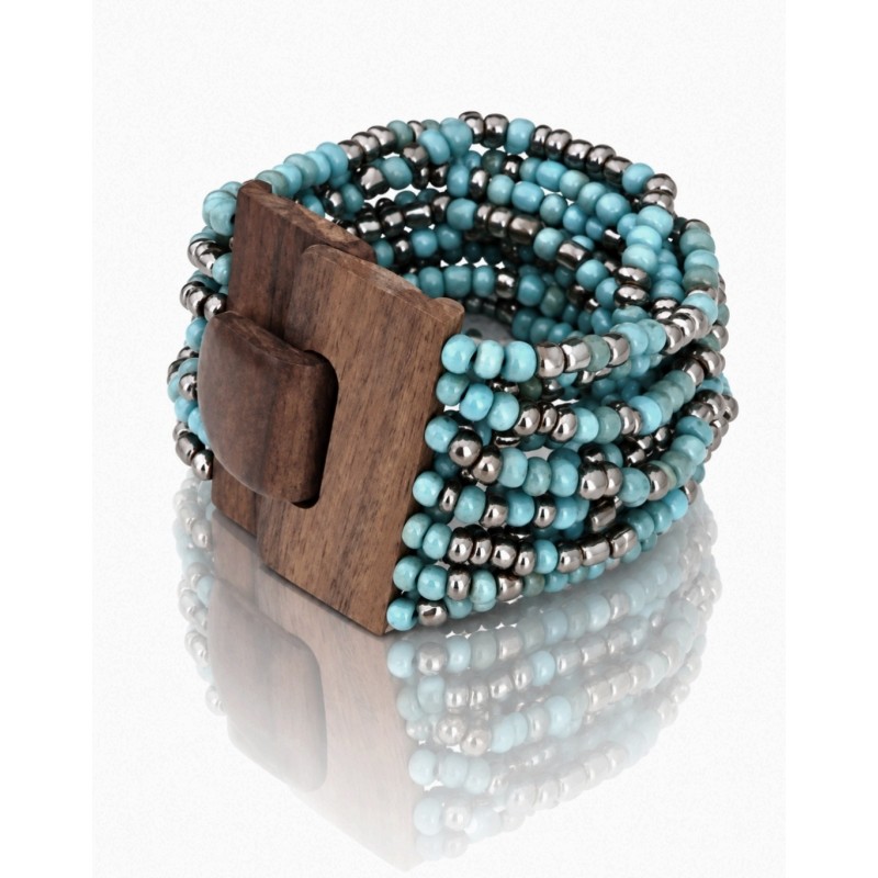 Bracelet avec fermoir bois XL bleu turquoise et argenté