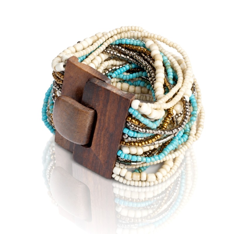 Bracelet avec fermoir bois XL bleu turquoise crème doré