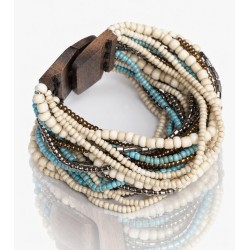 Bracelet avec fermoir bois XL bleu turquoise crème doré