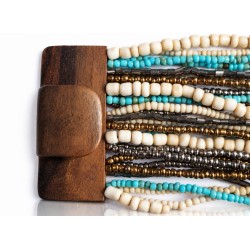Bracelet avec fermoir bois XL bleu turquoise crème doré