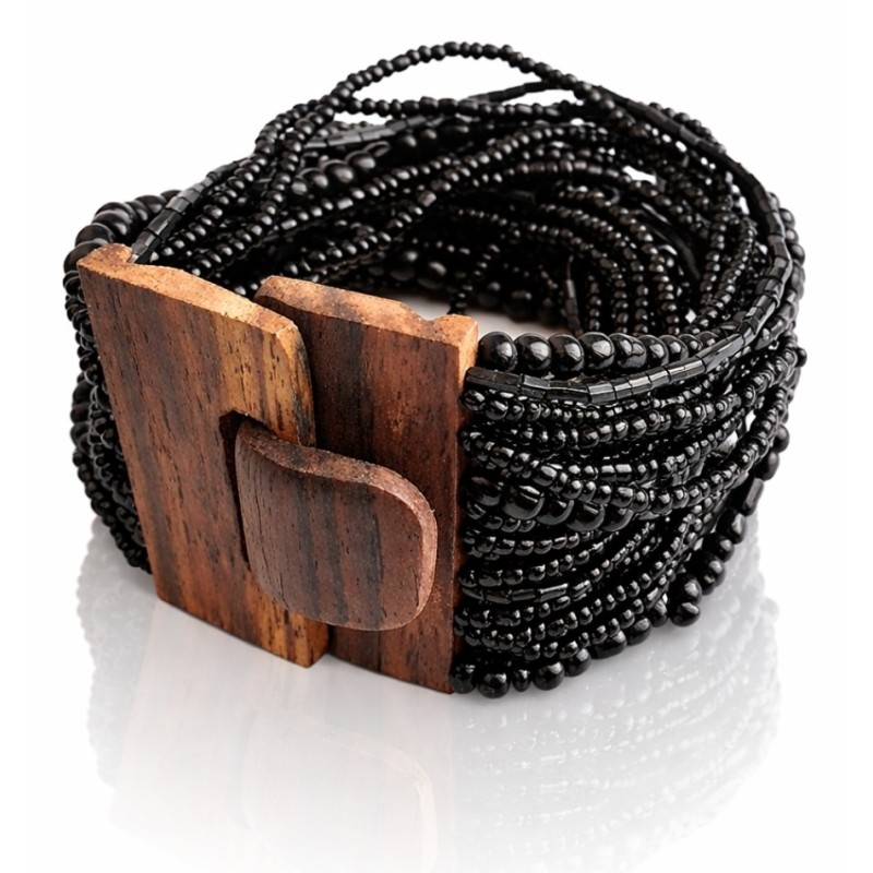 Bracelet avec fermoir bois XL noir multi perles