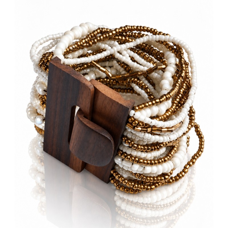 Bracelet avec fermoir bois XL blanc doré