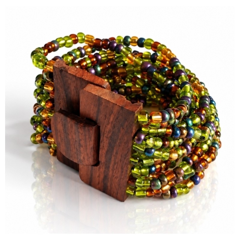 Bracelet avec fermoir bois XL multicolore vert bleu