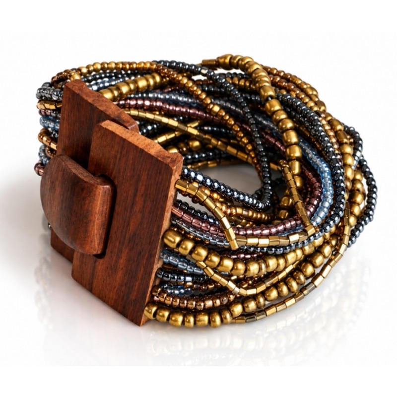 Bracelet avec fermoir bois XL violet bleu doré multiperles