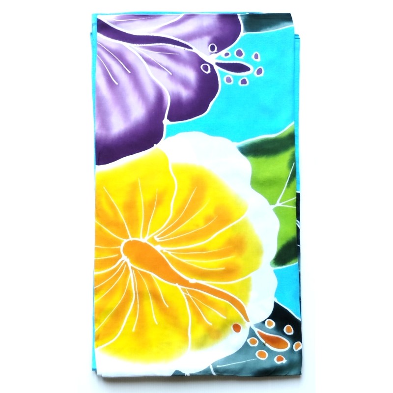 Paréo XXL bleu turquoise fleur jaune violet