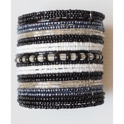 Bracelet femme manchette perles noir et blanc