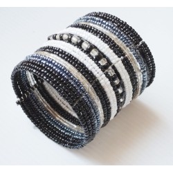 Bracelet femme manchette perle noir et blanc