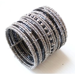 Bracelet femme manchette perle noir et argenté