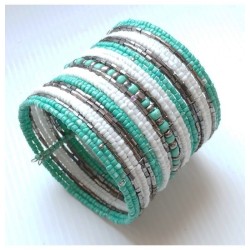 Bracelet femme manchette perle vert blanc argent