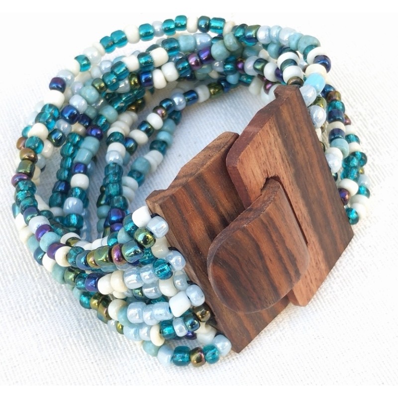 Bracelet femme fermoir en bois bleu blanc